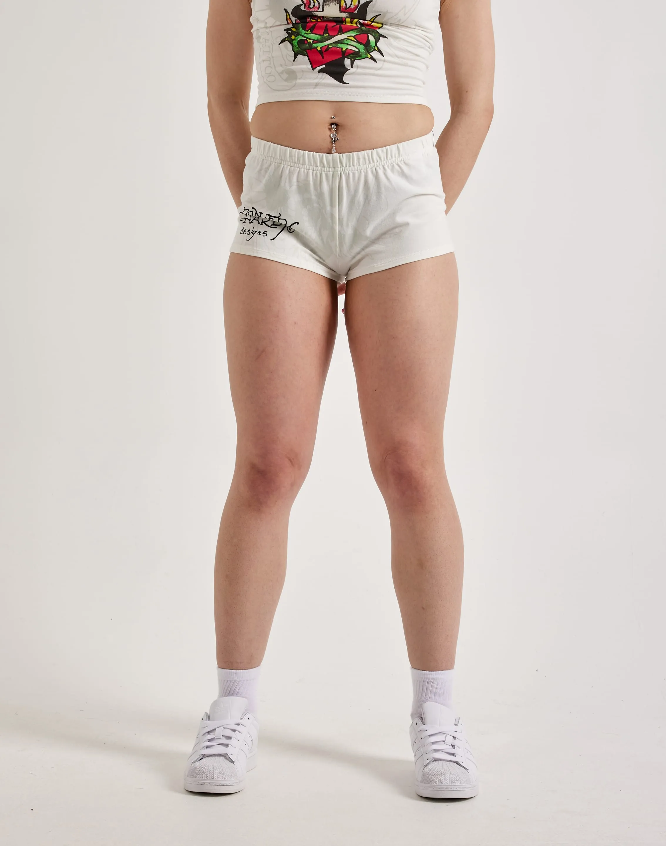 Athleisure fashion Ed Hardy Cross Heart Booty Shorts Fashion must - haves