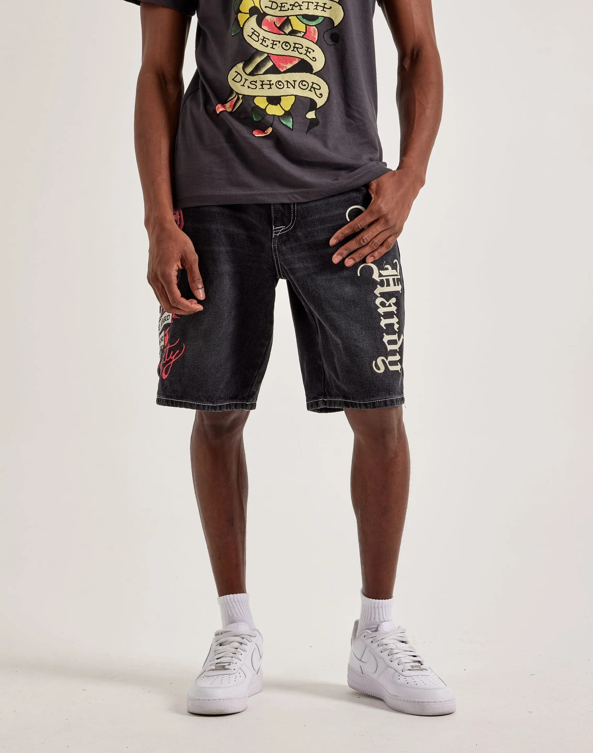 Athleisure fashion Ed Hardy Live Fast Denim Shorts Modern fashion