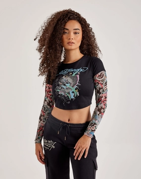 Designer fashion items Ed Hardy Mesh Koi Fish Tattoo Long-Sleeve Top Lace - detailed fashion