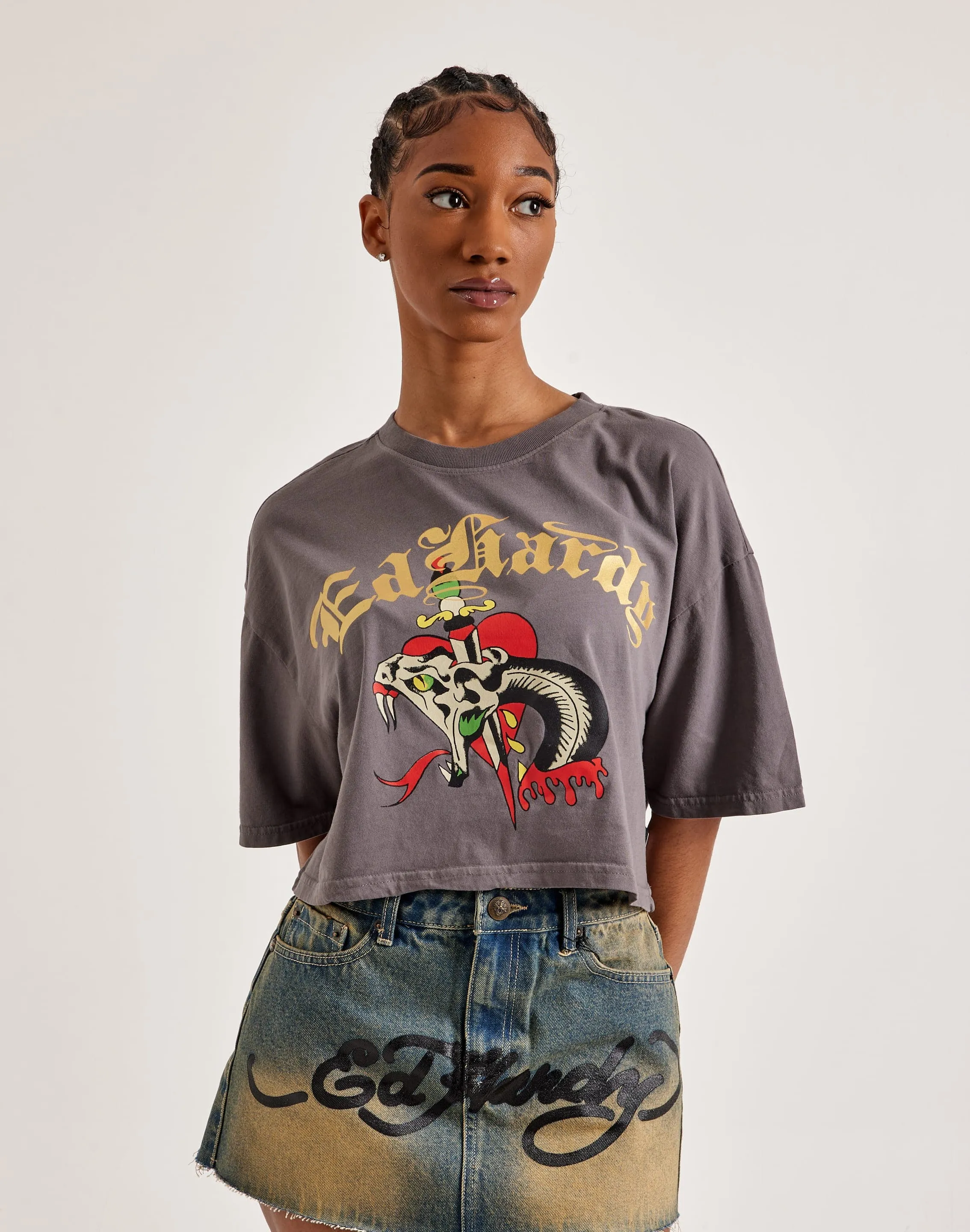 Ed Hardy Snake Heart Boxy Cropped Tee Polyester - used fashion Fashionable options