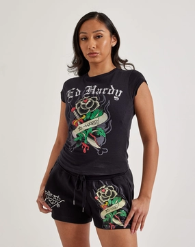 Ed Hardy Black Rose Rhinestone Cap Sleeve Tee Beachwear items Fashion swaps
