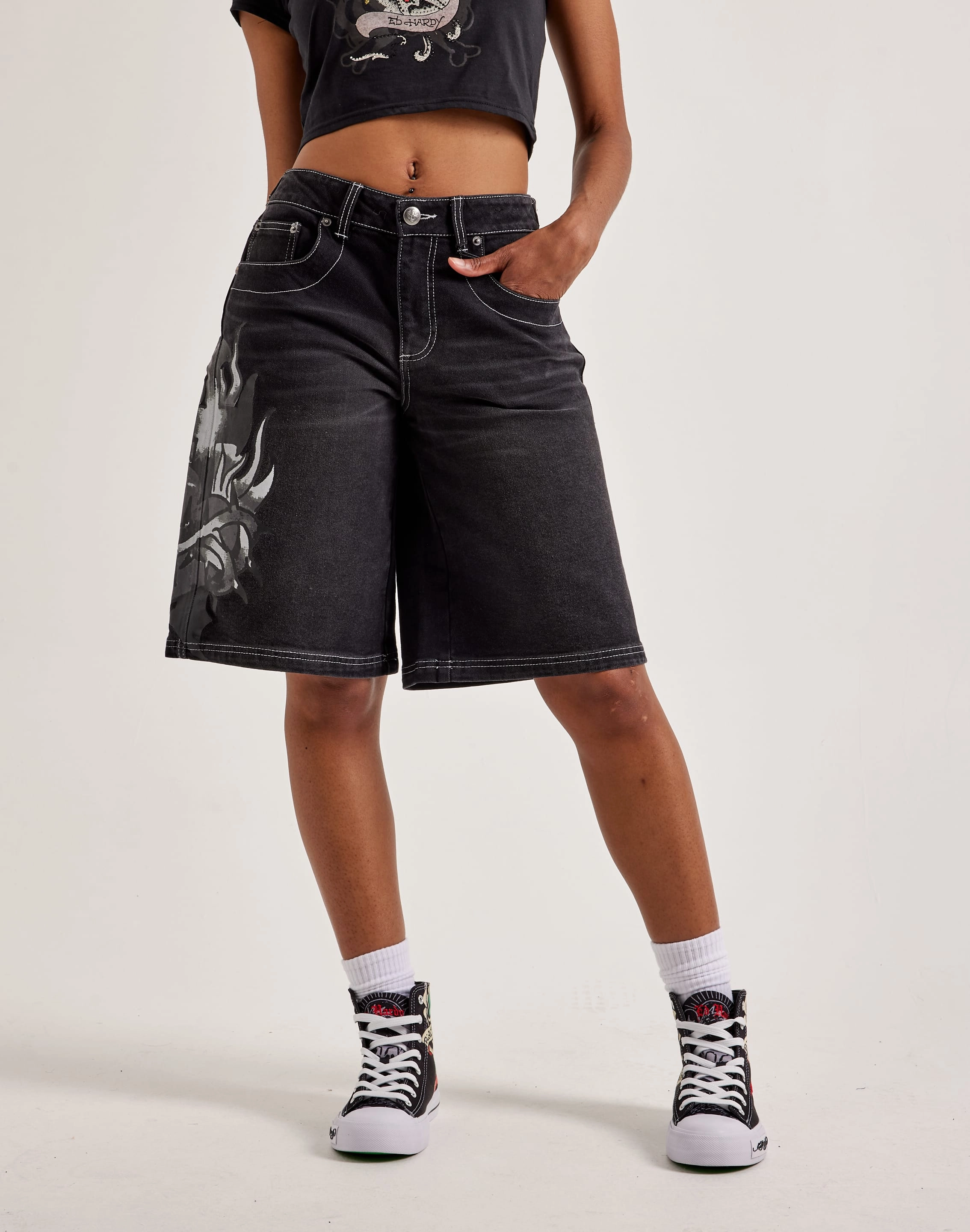 Ed Hardy Sacred Heart Denim Shorts Street fashion Wool - sourced fashion