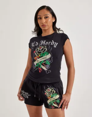 Fashion culture Ed Hardy Black Rose Rhinestone Cap Sleeve Tee Fashion sizes