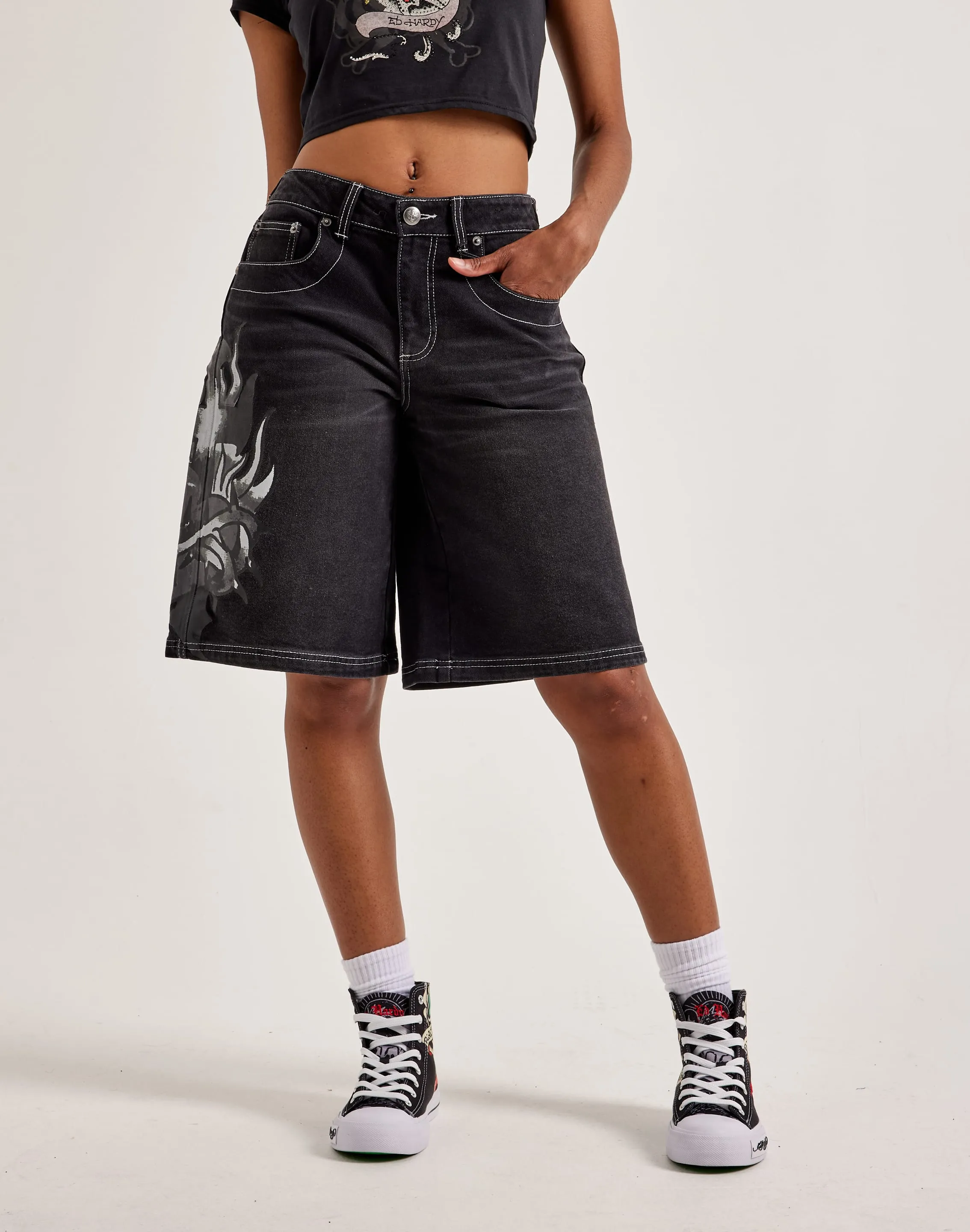 Fashion culture Ed Hardy Sacred Heart Denim Shorts Fashion lookbook