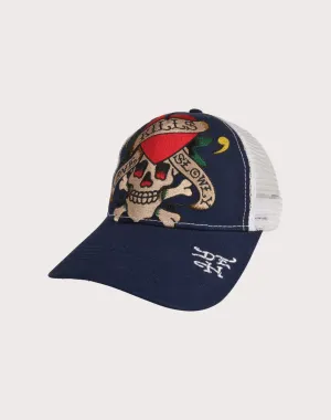 Fashion rental Ed Hardy Embroidered Heart Skull Snapback Navy/White Hat Modern fashion