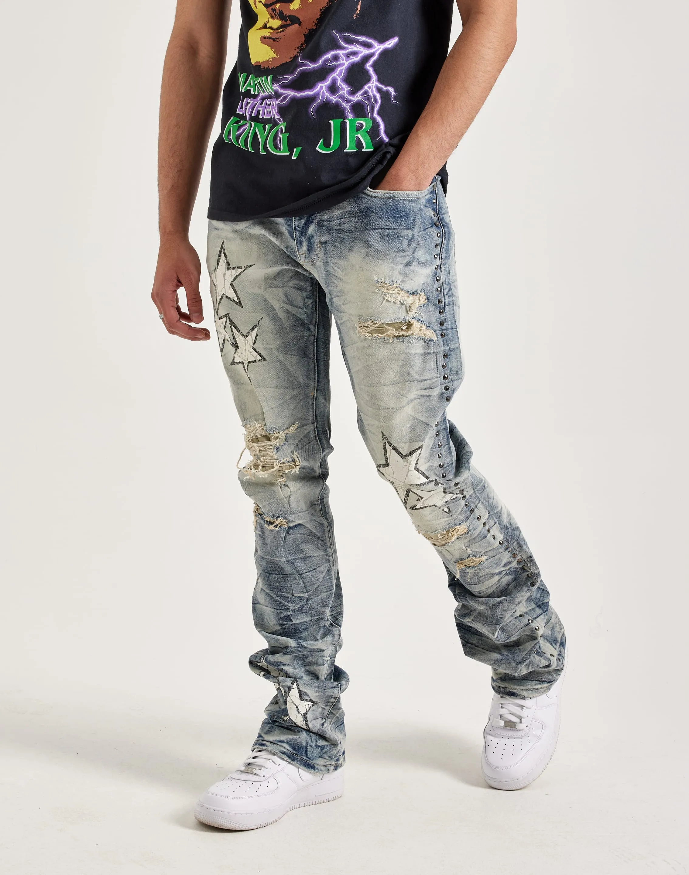 Fashion trends Smoke Rise Studded Star Stacked Flare Jeans Denim - based fashion