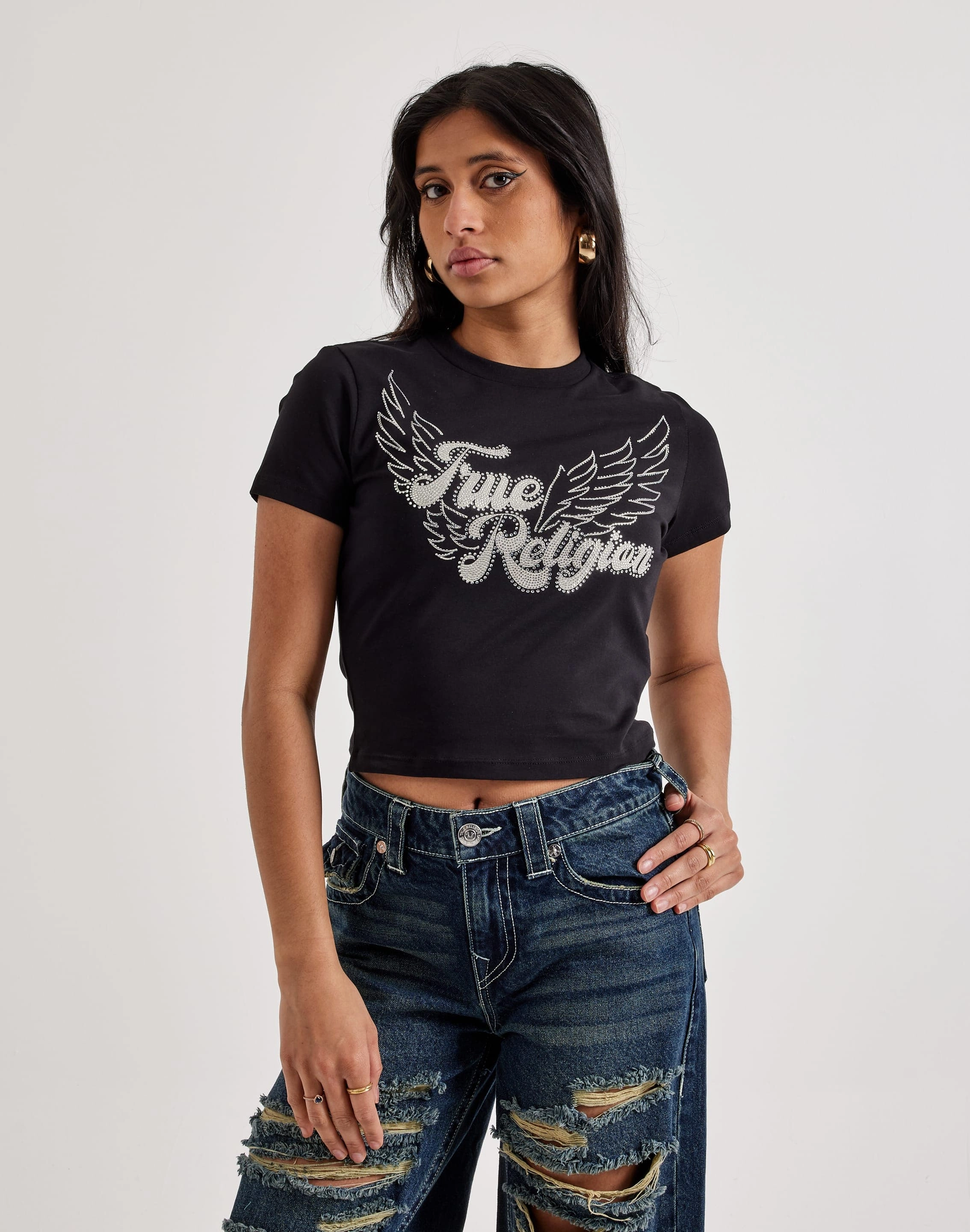 Fashion customization True Religion Crystal Wing Baby Tee Seasonal wear