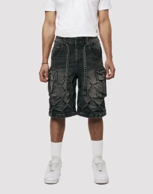 Grindhouse Diamond Pinch Cargo Black Denim Shorts Linen - crafted fashion Affordable fashion