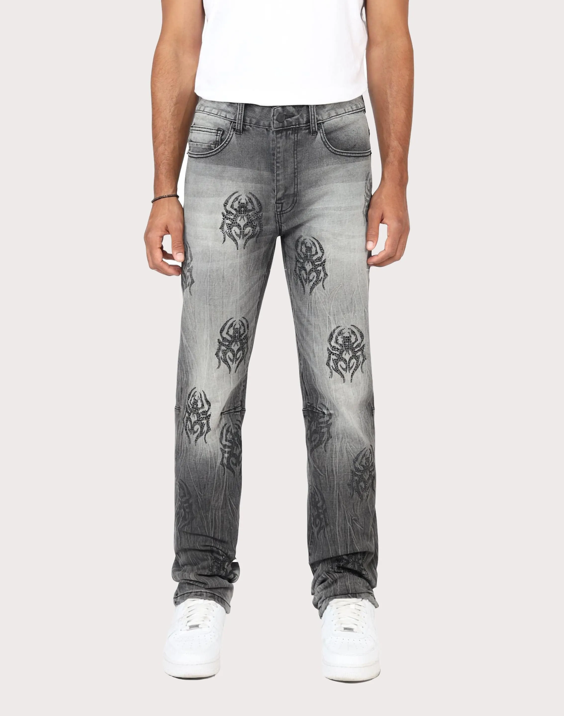 Grindhouse Pluto Grey Straight Fit Spider Rhinestone Jeans Recycled fashion materials Fashion culture