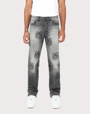 Grindhouse Pluto Grey Straight Fit Spider Rhinestone Jeans Recycled fashion materials Fashion culture