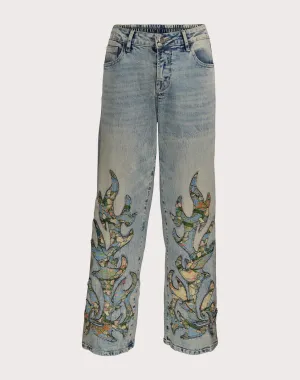 Grindhouse Wide Leg Denim Flame Pants Athleisure fashion Beaded fashion items