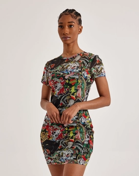 High - end fashion Ed Hardy Tattoo Collage Mesh Tee Dress Evening wear