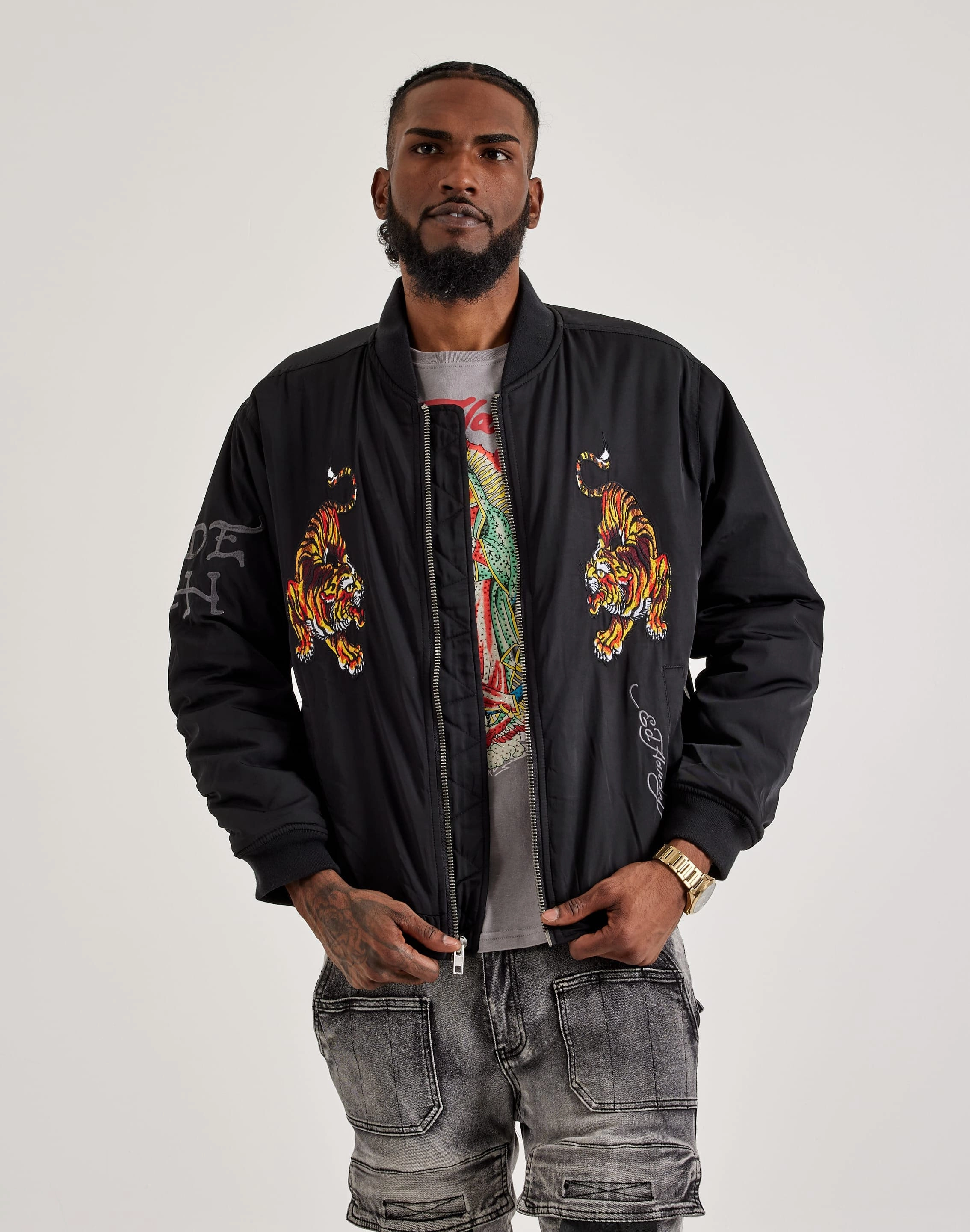 Luxury fashion items Ed Hardy Tiger Bomber Jacket Spandex - incorporated fashion