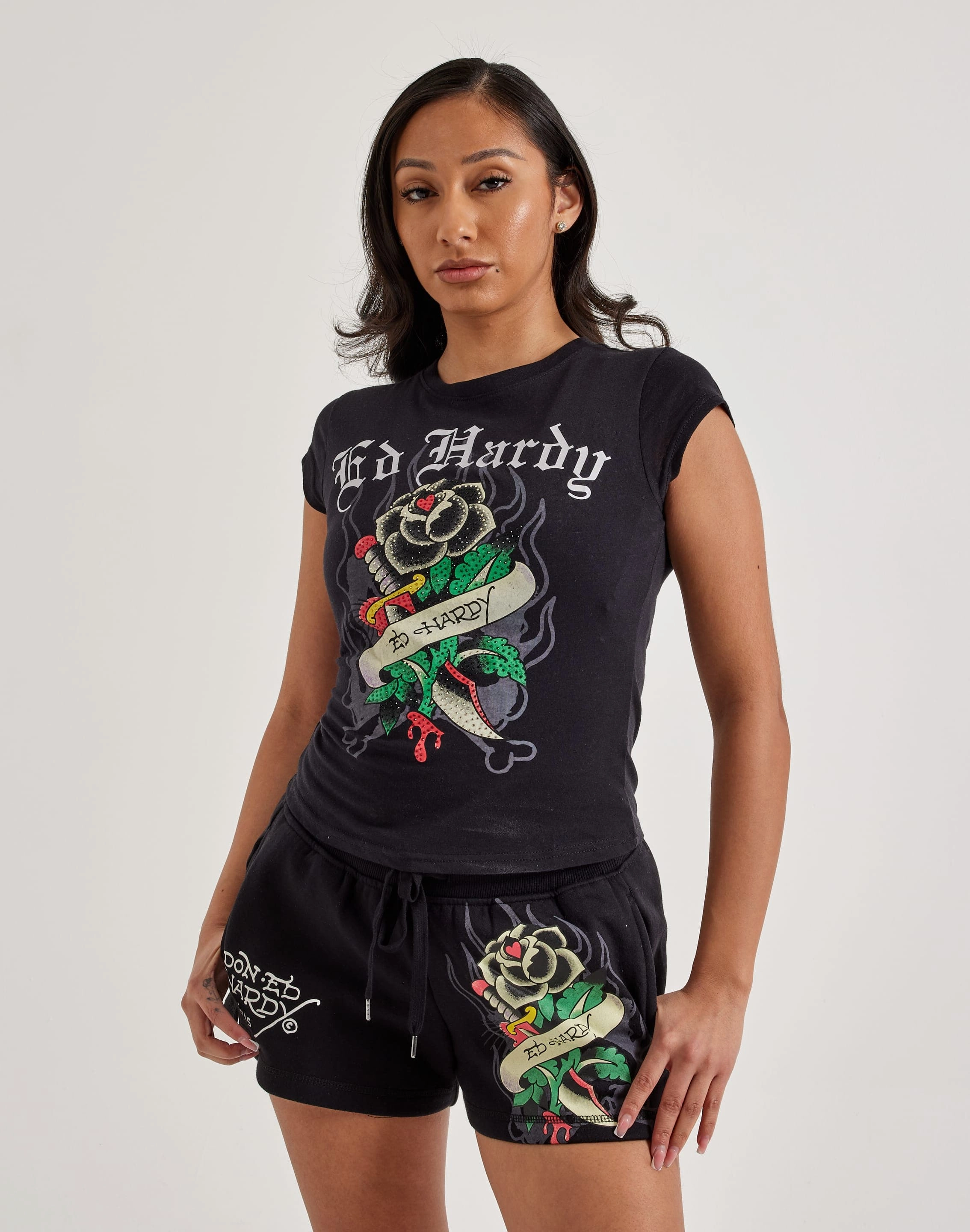 Recycled fashion materials Ed Hardy Black Rose Rhinestone Cap Sleeve Tee Street fashion
