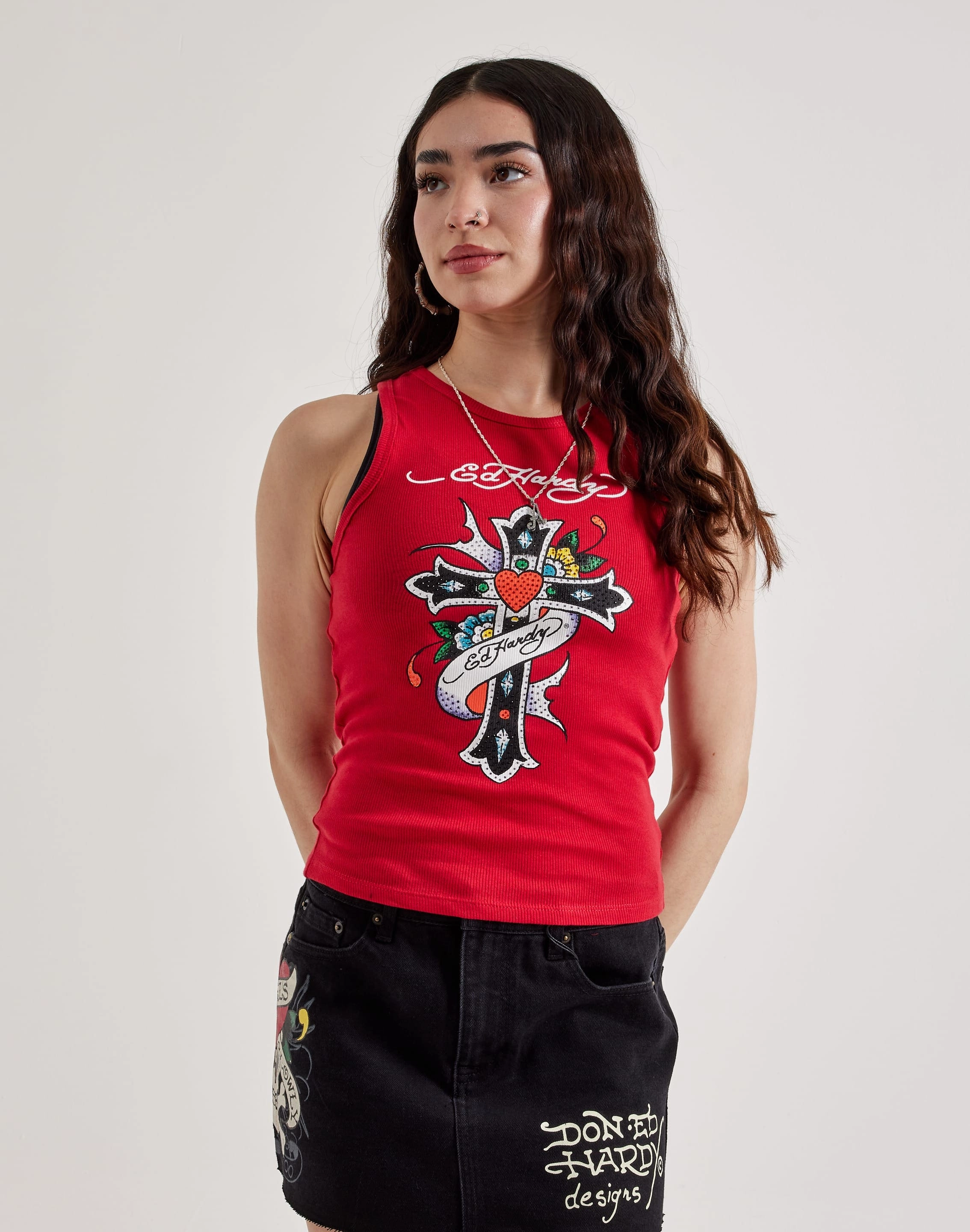 Leather - material fashion Ed Hardy Cross Rhinestone Rib Tank Top Beaded fashion items