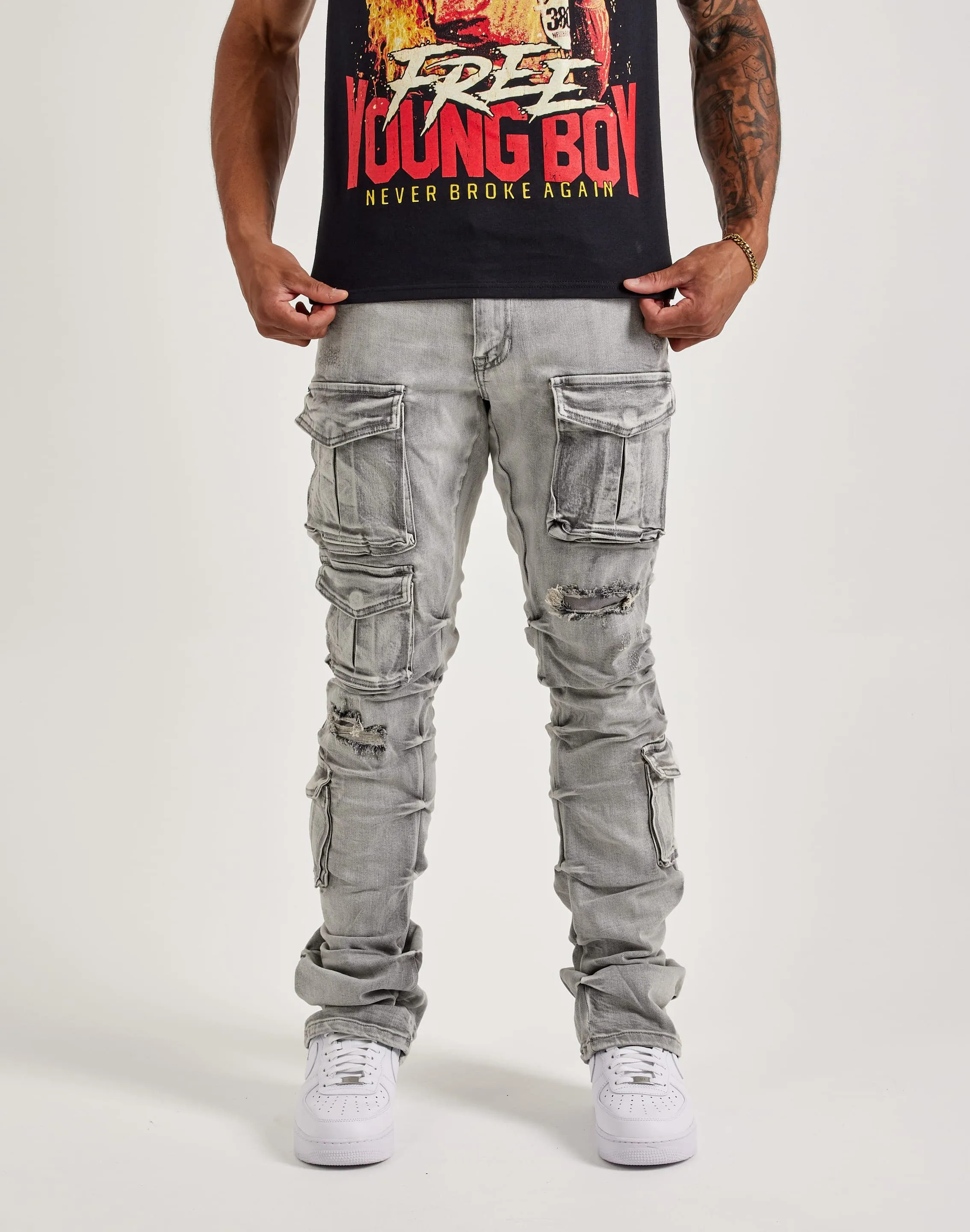 Smoke Rise Utility Pocket Stacked Flare Denim Jeans Designer fashion items Recycled fashion materials