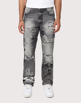 Suede - finished fashion Grindhouse Straight Fit Rip N Repair Embossed Denim Jeans Fashion labels