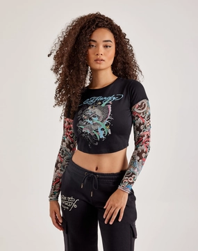 Sustainable fashion practices Ed Hardy Mesh Koi Fish Tattoo Long-Sleeve Top Sustainable fashion