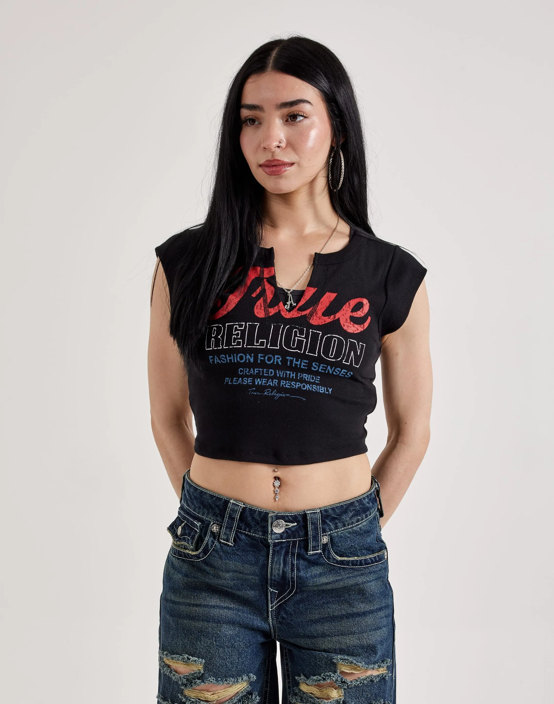 True Religion Retro Logo V-Notch Tee Fashion essentials Fashion subscription services